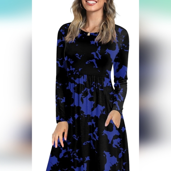 Dresses & Skirts - Floral Long Sleeve Dress - Black and Blue XL